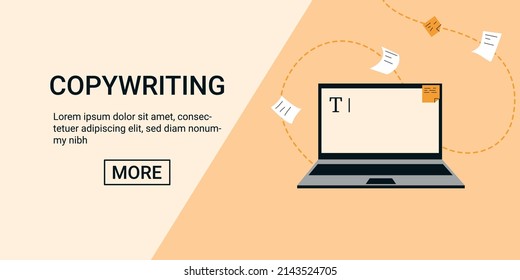 Writing web banner with laptop. Flat vector content creation concept. Minimalistic landing for writer or copywriter.