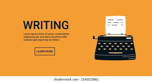 Writing web banner with typewriter. Flat vector content creation concept. Minimalistic landing for writer or copywriter.