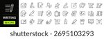 Writing Web Icon Set in Line Style. Collection of Copywriting Linear Icons, Including write, note, edit, writer, text, pen, signature, content editing, document, nib, pencil and More. Editable Stroke.