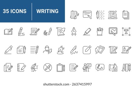 Writing Web Icon Set in Line Style. Collection of Copywriting Linear Icons, Including write, note, edit, writer, text, pen, signature, content editing, document, nib, pencil and More. Editable Stroke.