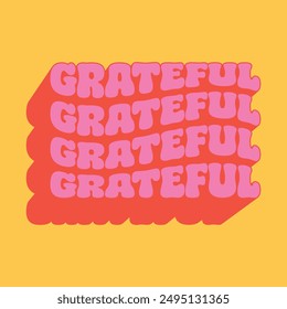 writing the word grateful with long shadow in red and pink colors with a yellow background, hippe style