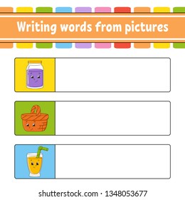 Writing words from pictures. Education developing worksheet. Learning game for kids. Activity page. Puzzle for children. Riddle for preschool. Isolated vector illustration. Cartoon style