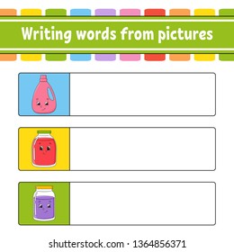 Writing words from pictures. Education developing worksheet. Learning game for kids. Activity page. Puzzle for children. Riddle for preschool. Isolated vector illustration. Cartoon style
