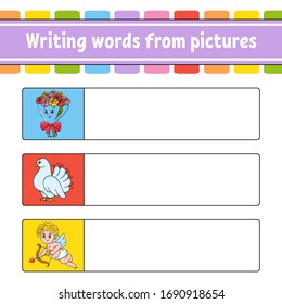 Writing words from pictures. Education developing worksheet. Bouquet, dove, cupid. Activity page for kids. Puzzle for children. Isolated vector illustration. Cartoon characters.