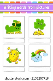 Writing words from pictures. Education developing worksheet. Activity page for kids. Puzzle for children. Isolated vector illustration. cartoon characters. St. Patrick's day.