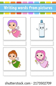 Writing words from pictures. Education developing worksheet. Activity page for kids. Puzzle for children. Isolated vector illustration. cartoon characters.