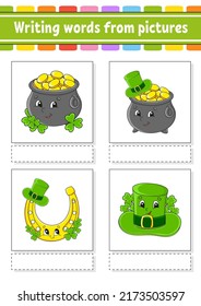 Writing words from pictures. Education developing worksheet. Activity page for kids. Puzzle for children. Isolated vector illustration. cartoon characters. St. Patrick's day.