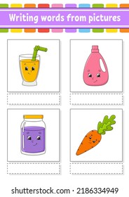 Writing words from pictures. Education developing worksheet. Activity page for kids. Puzzle for children. Isolated vector illustration. cartoon characters.