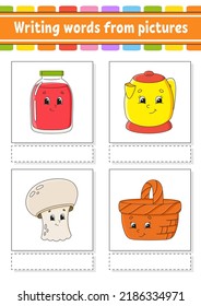 Writing words from pictures. Education developing worksheet. Activity page for kids. Puzzle for children. Isolated vector illustration. cartoon characters.