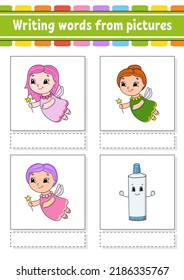 Escribiendo palabras de imágenes. Educación desarrollando hoja de trabajo. Actividad para niños. Rompecabezas para los niños. Ilustración vectorial aislada. personajes de dibujos animados.