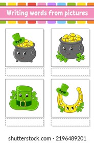 Writing words from pictures. Education developing worksheet. Activity page for kids. Puzzle for children. Isolated vector illustration. cartoon characters. St. Patrick's day.