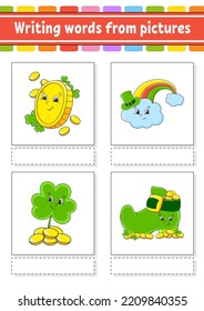 Writing words from pictures. Education developing worksheet. Activity page for kids. Puzzle for children. Isolated vector illustration. cartoon characters. St. Patrick's day.