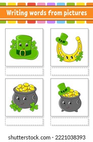 Writing words from pictures. Education developing worksheet. Activity page for kids. Puzzle for children. Isolated vector illustration. cartoon characters. St. Patrick's day.