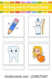 Writing words from pictures. Education developing worksheet. Activity page for kids. Puzzle for children. Isolated vector illustration. cartoon characters.