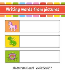 Writing words from pictures. Education developing worksheet. Activity page for kids. Puzzle for children. cartoon characters. Vector illustration.