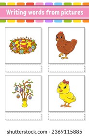 Writing words from pictures. Learn English words. Education developing worksheet. Color activity page. cartoon character. Vector illustration.