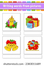 Writing words from pictures. Learn English words. Education developing worksheet. Color activity page. cartoon character. Vector illustration.