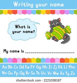 Writing your name. Educational activity worksheet for kids and toddlers. Game for children. Vector illustration.