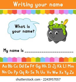 Writing your name. Educational activity worksheet for kids and toddlers. Game for children. Vector illustration.