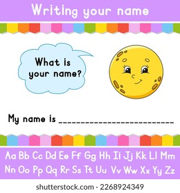 Writing your name. Educational activity worksheet for kids and toddlers. Game for children. Vector illustration.