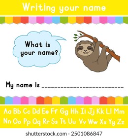 Writing your name. Educational activity worksheet for kids and toddlers. Game for children. Vector illustration.