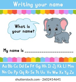 Writing your name. Educational activity worksheet for kids and toddlers. Game for children. Vector illustration.