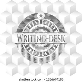 Writing-desk grey badge with geometric cube white background