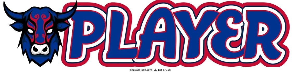 “Player” written in bold rounded letters with a Buffalo leaning against the text.Two-tone vector design with  red and royal blue , perfect for sports and football-themed