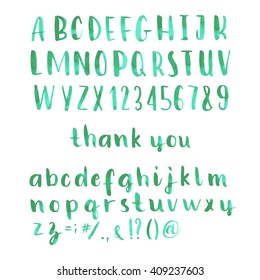Written by hand alphabet. Alphabet written with a brush. Uppercase and lowercase letters, numbers, punctuation marks. Vector. Alphabet for decoration and ornaments. Hand drawn brush stroke font