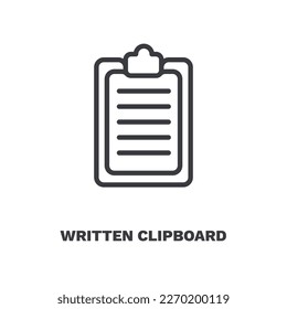 written clipboard icon. Thin line written clipboard, mark icon from education collection. Outline vector isolated on white background. Editable written clipboard symbol can be used web and mobile