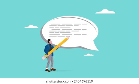 written communication, businessman writing communication message on speech bubble, communicate via message or text, Email writing skill for career success, make online newsletter for company promotion