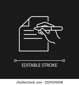 Written communication white linear icon for dark theme. Writing letters. Capturing attention. Thin line customizable illustration. Isolated vector contour symbol for night mode. Editable stroke