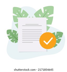 Written document approved, flat vector illustration, checkmark, documentation, icon, decorated with green leaves.