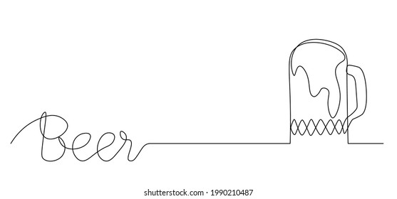 Written in English-beer. Beer Day, October fest. A continuous line. Vector illustration drawn with a single line.