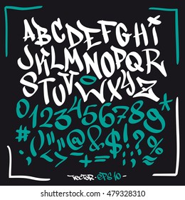 Written graffiti font alphabet. Vector set on black