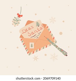 Written letter to Santa Claus in envelope. Christmas preparation process. Winter holiday Xmas and New Year Festive mail or message. Vector illustration flat cartoon illustration isolated on white