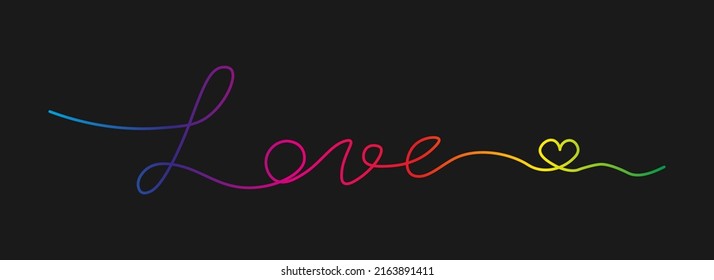 Written line art continuous love text with heart shape. Vector glowing abstract background for banner, cover, sale, Valentines card.