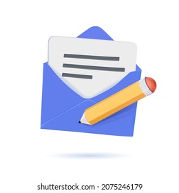 Written message in envelope. Yellow open volumetric package with note. Pink stylish pen for writing. Symbol for sending advertisements and tickets by email. Vector 3d realistic icon. Marketing mail.