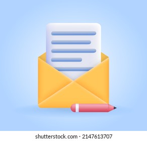 Written message with pencil. Icons and graphic elements for website, business or family correspondence metaphor. Electronic mail and Internet communication. Cartoon isometric vector illustration