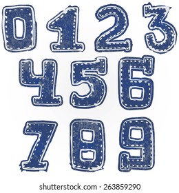 Written numbers 0-9 hand drawn sketch denim style.