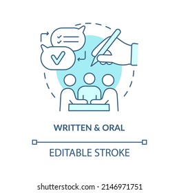 Written and oral turquoise concept icon. Project communication management abstract idea thin line illustration. Isolated outline drawing. Editable stroke. Arial, Myriad Pro-Bold fonts used