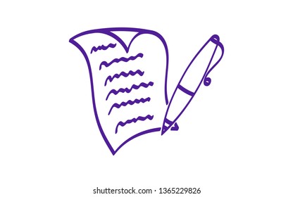 Written paper sheet with pen hand drawn vector icon. Curved corner page. Contract, letter, creative writing design concept scetch