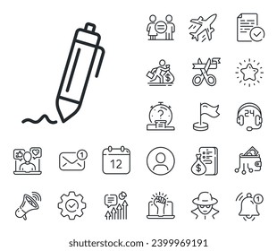 Written pen sign. Salaryman, gender equality and alert bell outline icons. Signature line icon. Education symbol. Signature line sign. Spy or profile placeholder icon. Online support, strike. Vector