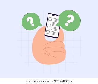 written questions with a choice of answers, devised for the purposes of a survey or statistical study, survey, questionnaire. exam checklist icon. Mobile phone vector render illustration. QA answers.