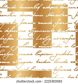 Written seamless pattern. Repeating write scribbles. Gold word lines for design prints. Repeated writing line background. Repeat golden texture. Modern foil for gift wrapper. Vector illustration