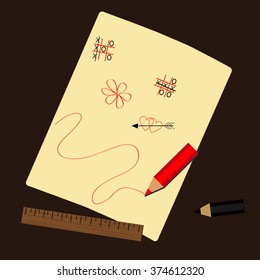  Written sheet of paper with a pencil and ruler.Vector illustration