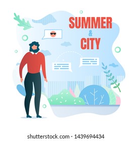 Written Summer City, Vacation Vector Illustration. Man Dreams Rest or Vacation. Status in Social Networks. Exchange Messages about Upcoming Holiday Cartoon Flat. Bright Hot Season Relaxation.