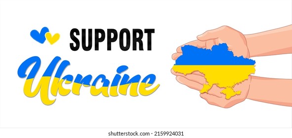 Written support for Ukraine - in Ukrainian. Stop the war, help Ukraine. stop the text of the military banner with a map of Ukraine in the hands. International protest: Stop the war against Ukraine
