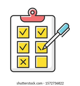 Written survey color icon. Choosing option. Tick checkbox. Evaluation test. Select answer. Correct, incorrect. Questionnaire. Paper research. Page on clipboard. Isolated vector illustration