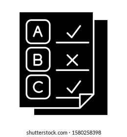 Written survey glyph icon. Exam papers. Test document. Questionnaire page. Choose option. Correct, wrong answers. Info analysis. Silhouette symbol. Negative space. Vector isolated illustration
